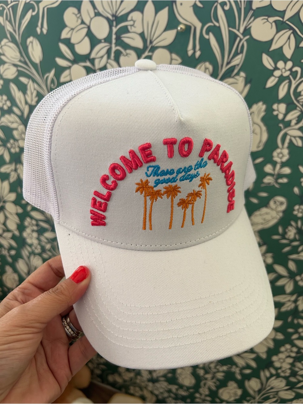White Trucker Hat with Pink 'Welcome to Paradise' Embroidery new Kenzkustomz